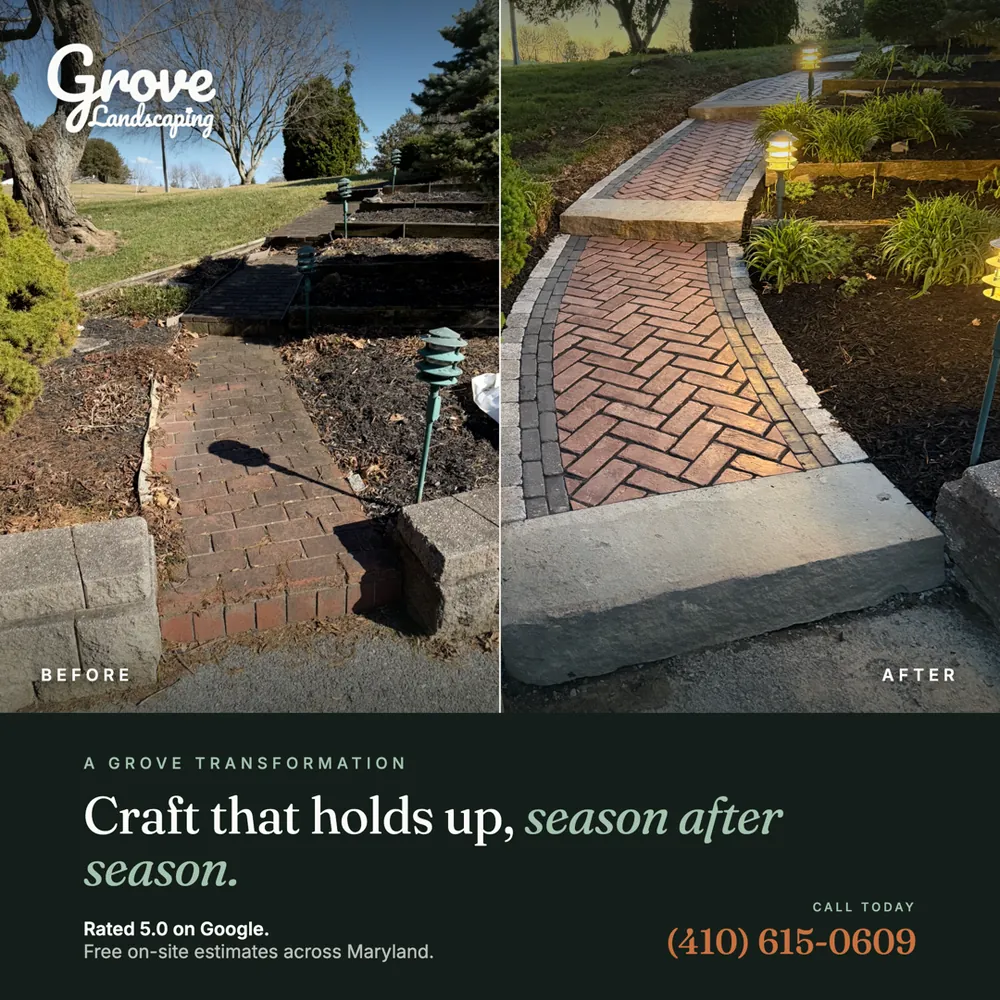 Grove Landscaping before-and-after ad showing a cracked path rebuilt as a herringbone paver walkway.