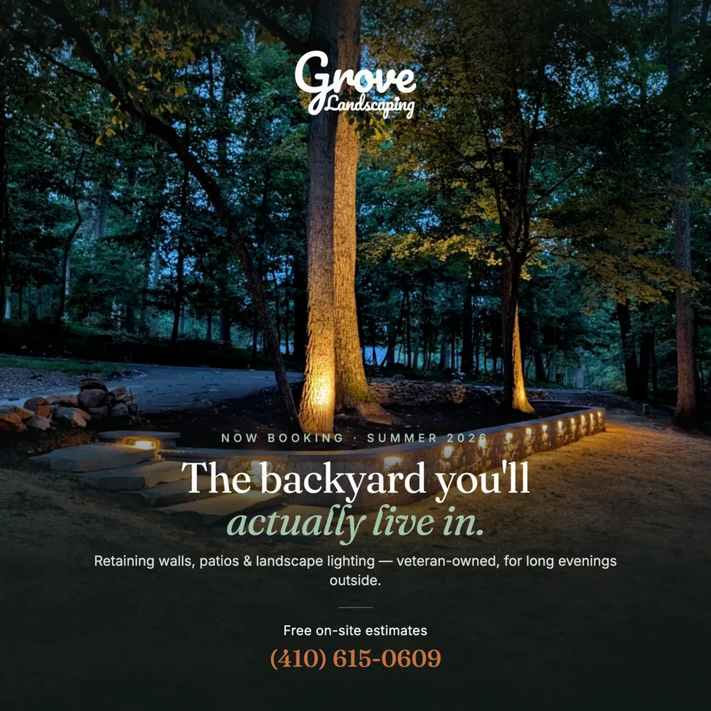 Grove Landscaping ad: a landscaped backyard lit at night, headline 'The backyard you'll actually live in.'