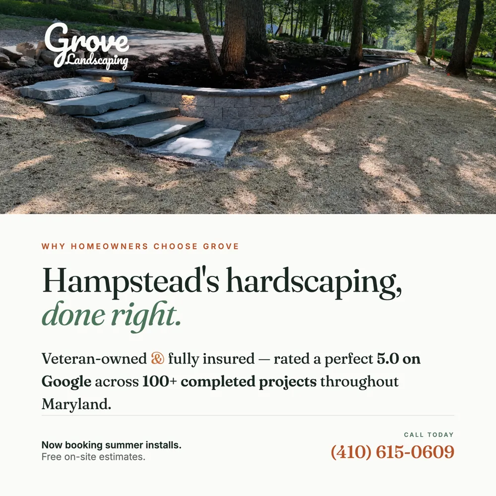 Grove Landscaping ad: a finished retaining wall, 'Veteran-owned, fully insured, rated 5.0 on Google.'